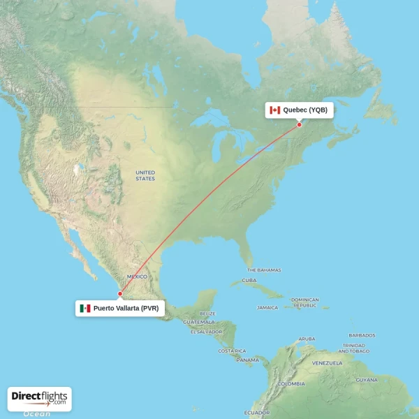 Puerto Vallarta - Quebec direct flight map