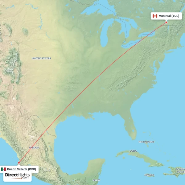 Puerto Vallarta - Montreal direct flight map