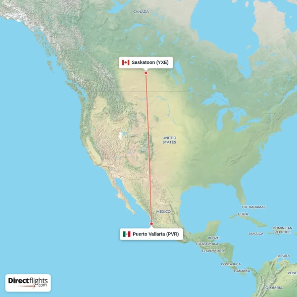 Puerto Vallarta - Saskatoon direct flight map
