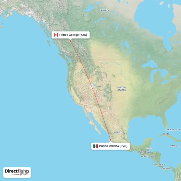 Puerto Vallarta - Prince George direct flight map