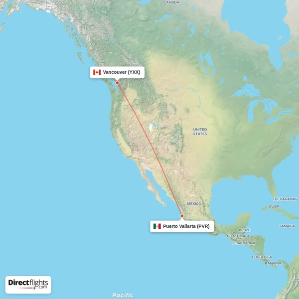 Puerto Vallarta - Vancouver direct flight map