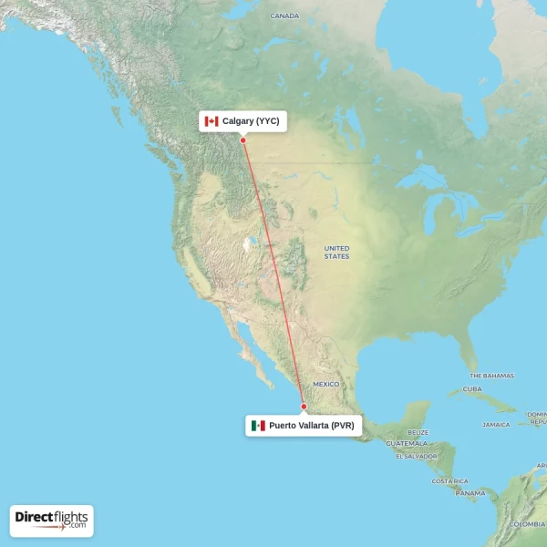 Puerto Vallarta - Calgary direct flight map