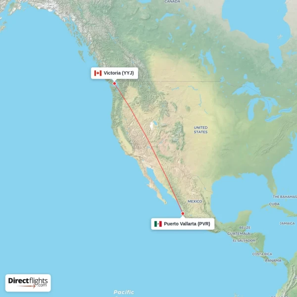 Puerto Vallarta - Victoria direct flight map