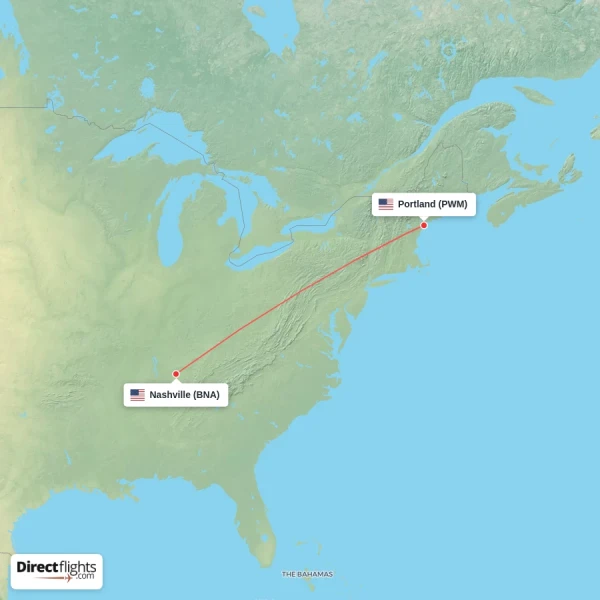 Portland - Nashville direct flight map