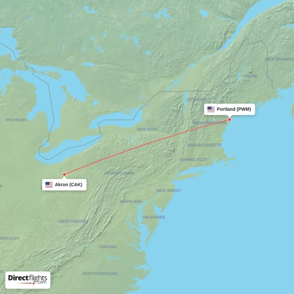 Portland - Akron direct flight map