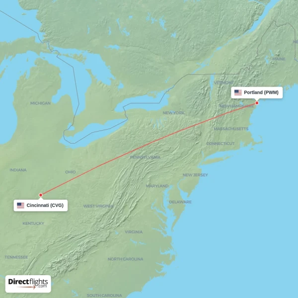 Portland - Cincinnati direct flight map