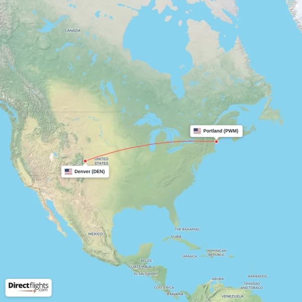 Portland - Denver direct flight map