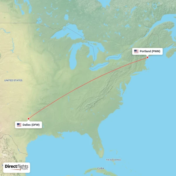 Portland - Dallas direct flight map