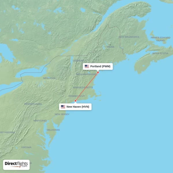 Portland - New Haven direct flight map