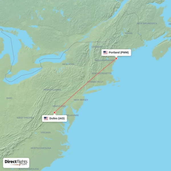 Portland - Dulles direct flight map