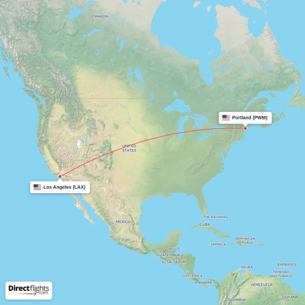 Portland - Los Angeles direct flight map