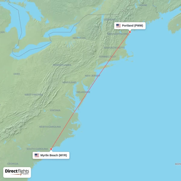 Portland - Myrtle Beach direct flight map