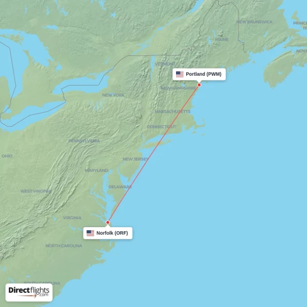 Portland - Norfolk direct flight map