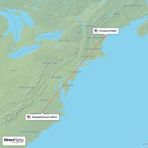 Portland - Raleigh/Durham direct flight map