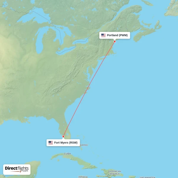 Portland - Fort Myers direct flight map
