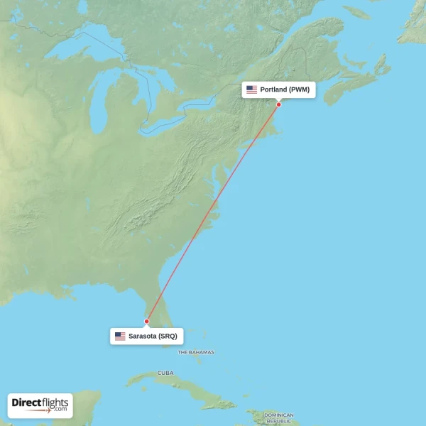 Portland - Sarasota direct flight map