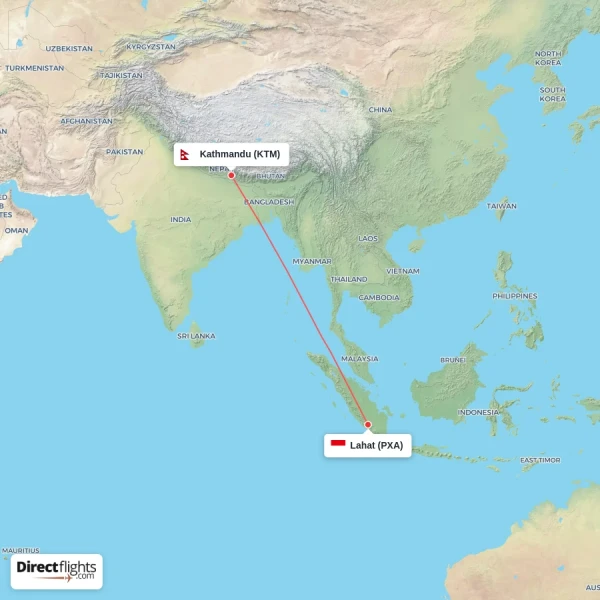 Lahat - Kathmandu direct flight map