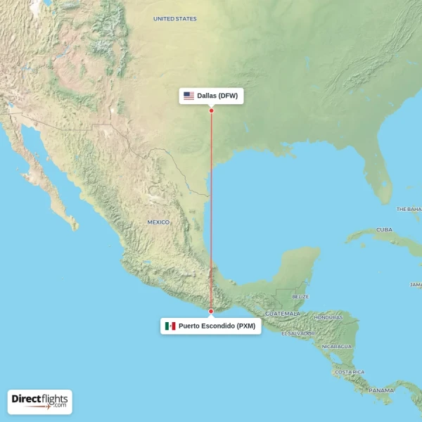 Puerto Escondido - Dallas direct flight map