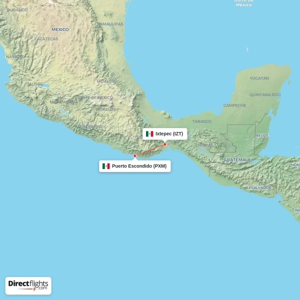 Puerto Escondido - Ixtepec direct flight map