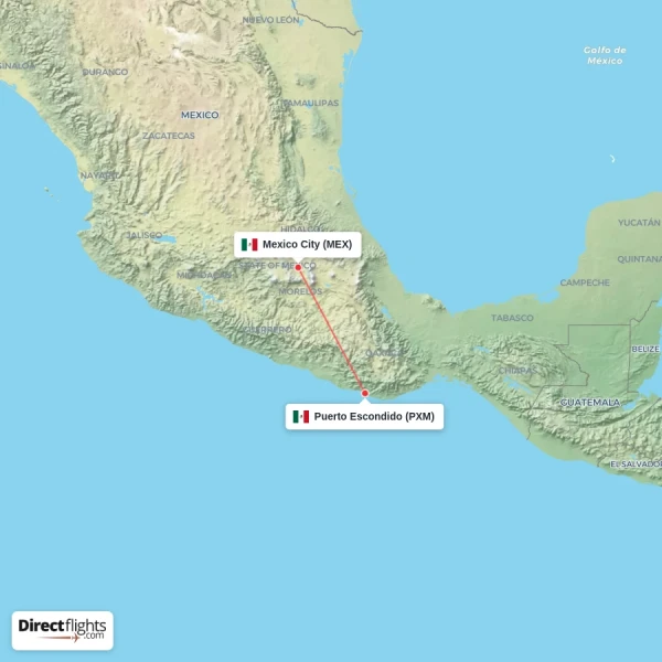 Puerto Escondido - Mexico City direct flight map