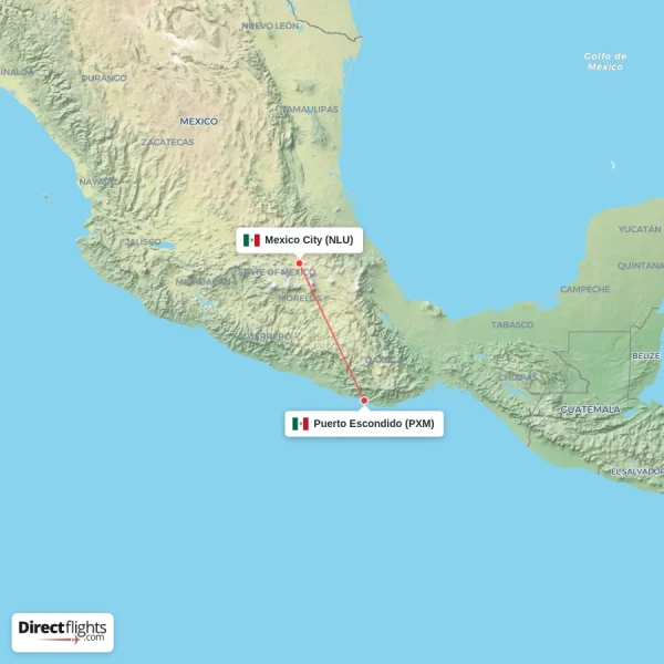 Puerto Escondido - Mexico City direct flight map
