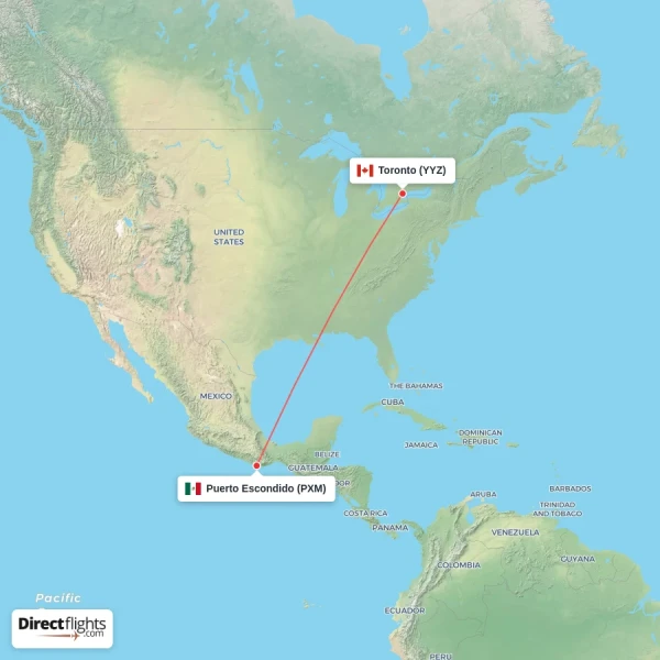 Puerto Escondido - Toronto direct flight map