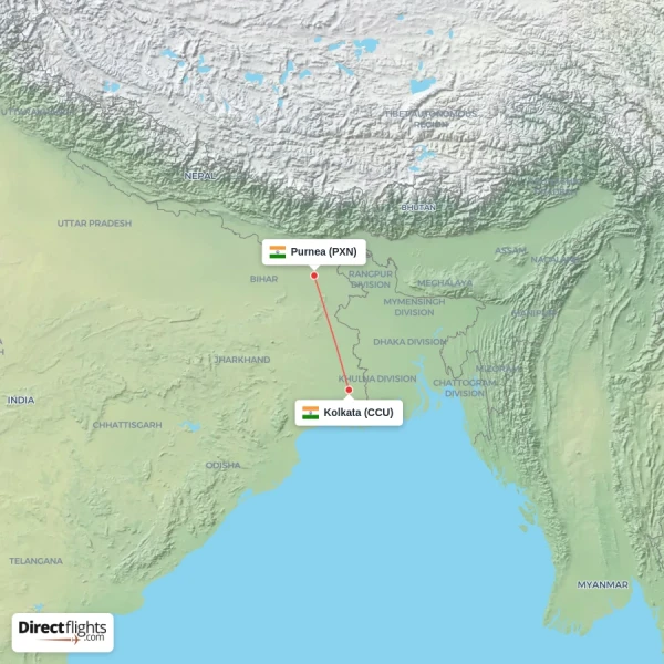 Purnea - Kolkata direct flight map