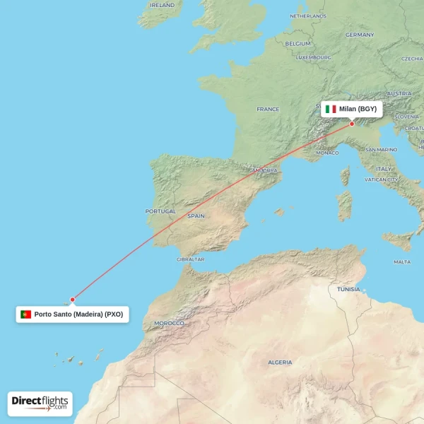 Porto Santo (Madeira) - Milan direct flight map