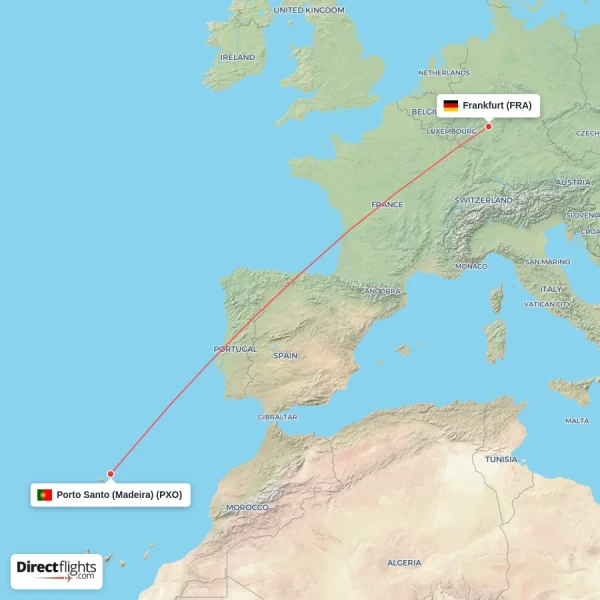 Porto Santo (Madeira) - Frankfurt direct flight map