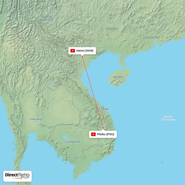 Pleiku - Hanoi direct flight map