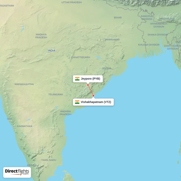 Jeypore - Vishakhapatnam direct flight map