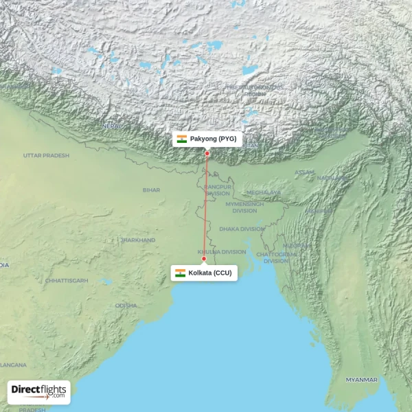Pakyong - Kolkata direct flight map