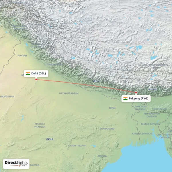 Pakyong - Delhi direct flight map
