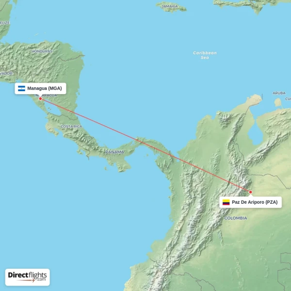 Paz De Ariporo - Managua direct flight map
