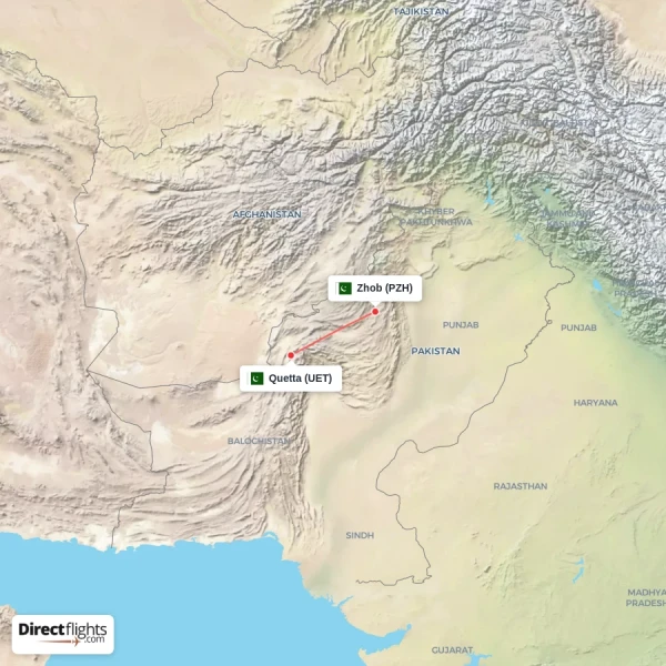 Zhob - Quetta direct flight map