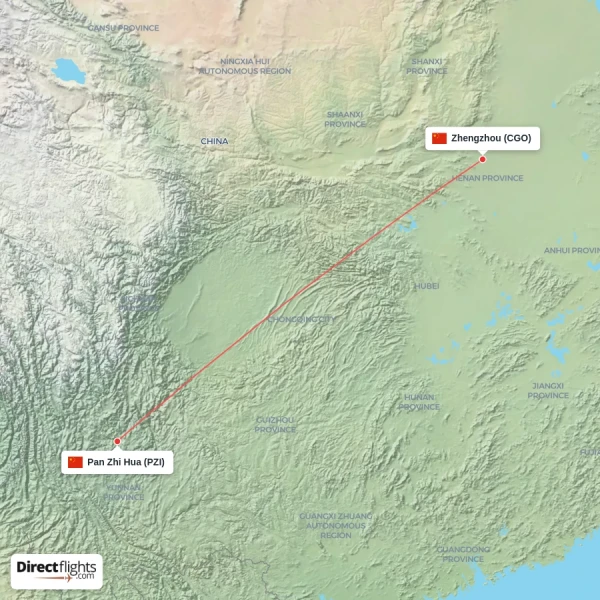 Pan Zhi Hua - Zhengzhou direct flight map