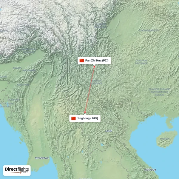 Pan Zhi Hua - Jinghong direct flight map