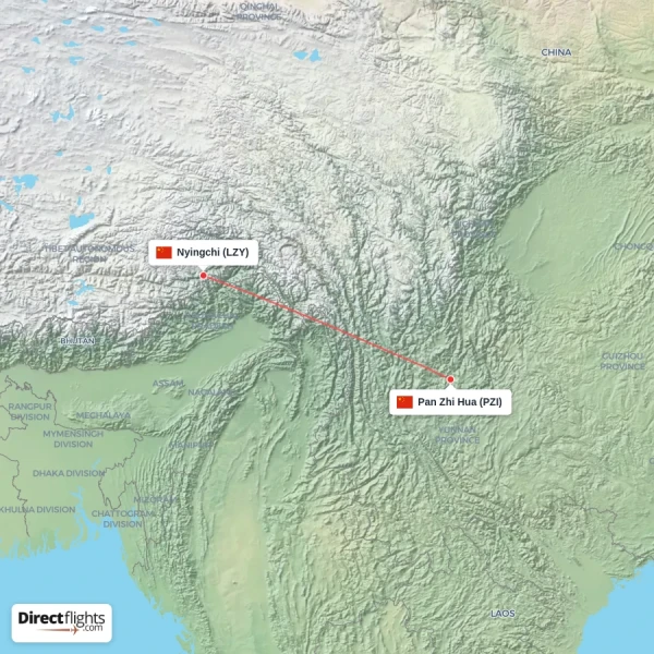 Pan Zhi Hua - Nyingchi direct flight map