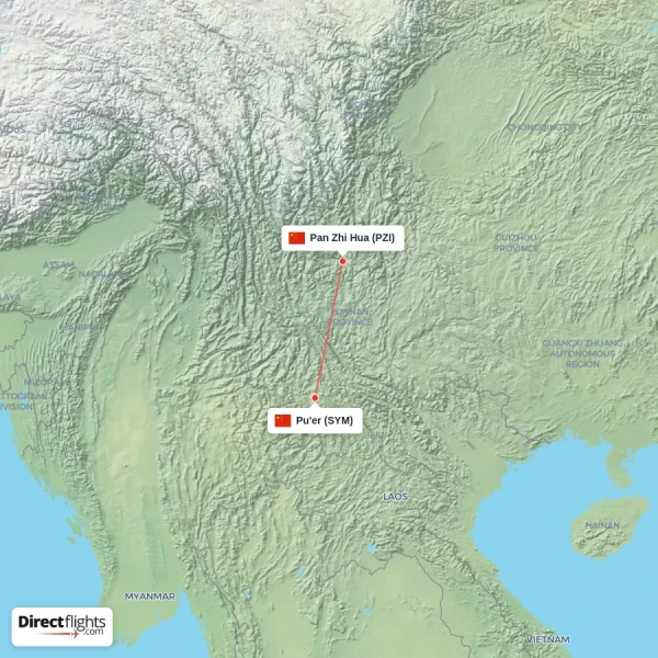 Pan Zhi Hua - Pu'er direct flight map