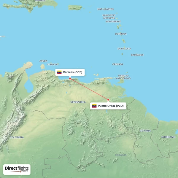 Puerto Ordaz - Caracas direct flight map