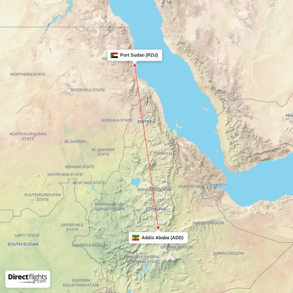Port Sudan - Addis Ababa direct flight map