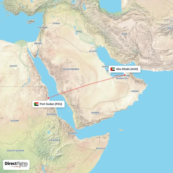 Port Sudan - Abu Dhabi direct flight map