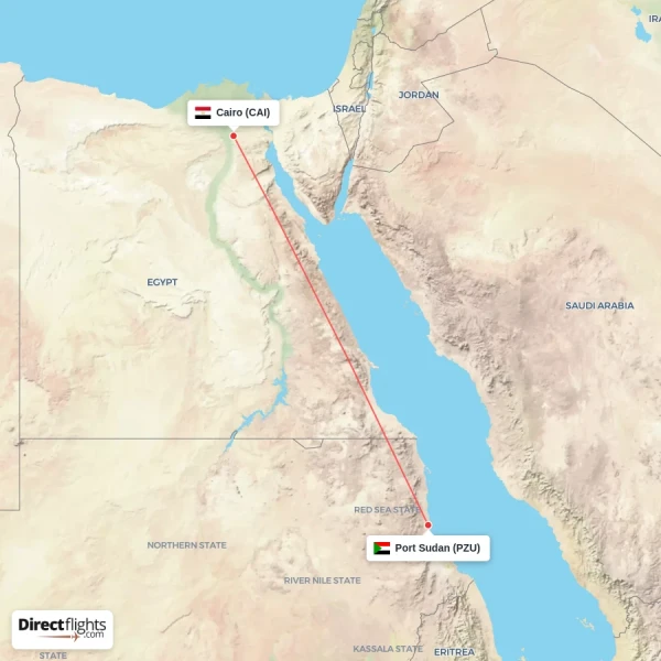 Port Sudan - Cairo direct flight map