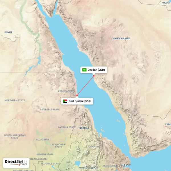 Port Sudan - Jeddah direct flight map