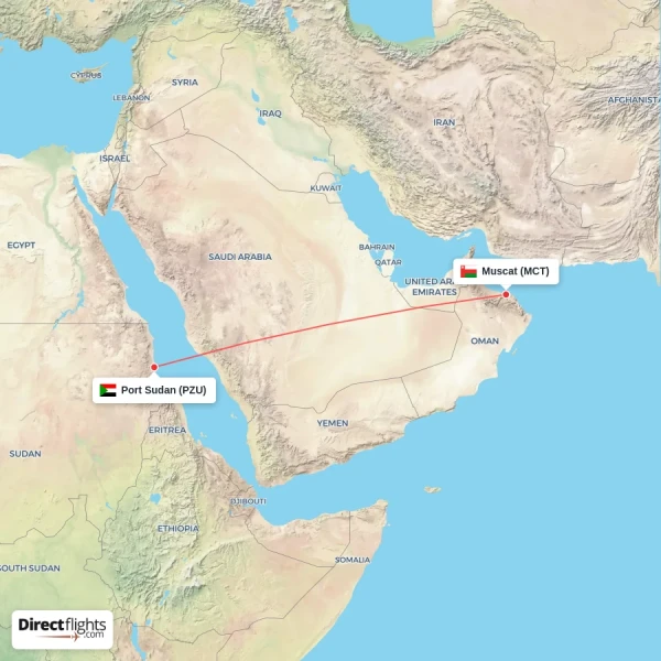 Port Sudan - Muscat direct flight map