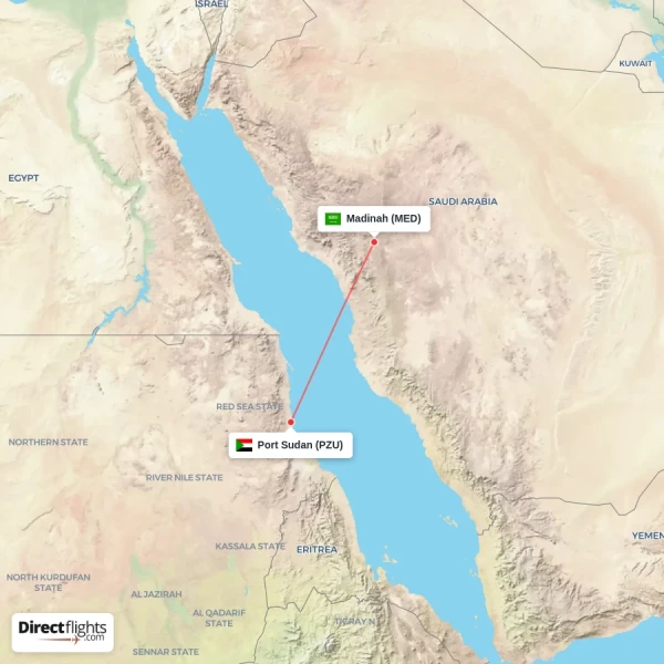 Port Sudan - Madinah direct flight map