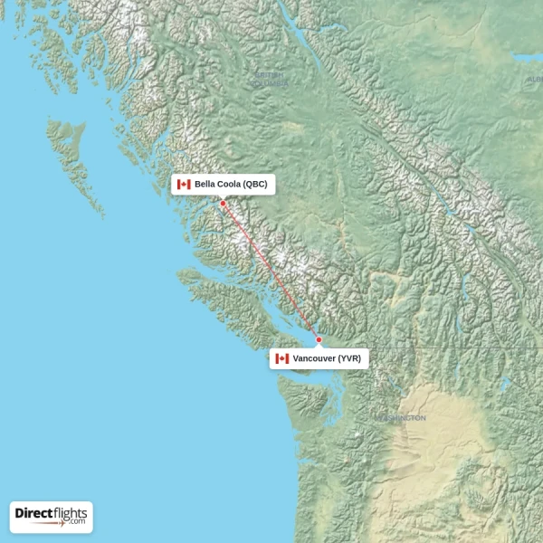 Bella Coola - Vancouver direct flight map