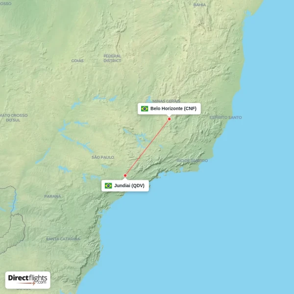 Jundiai - Belo Horizonte direct flight map