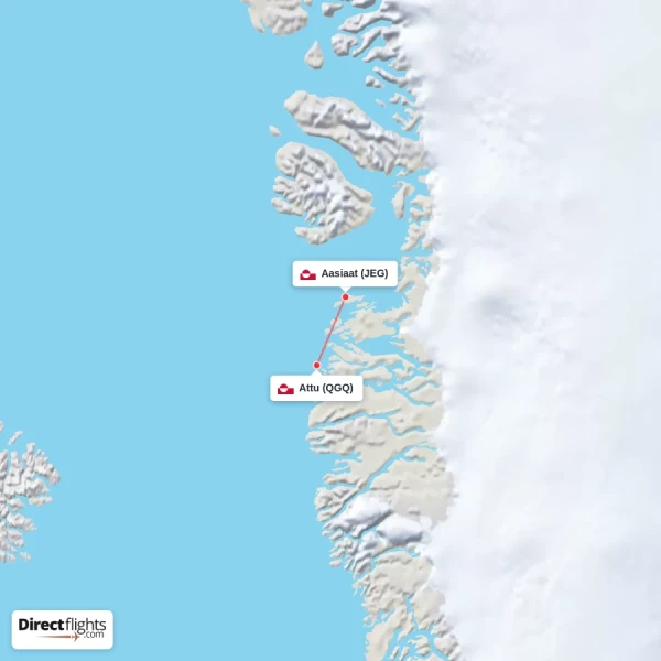 Attu - Aasiaat direct flight map
