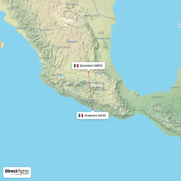 Queretaro - Acapulco direct flight map
